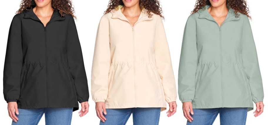 women in black, cream, and green rain jackets