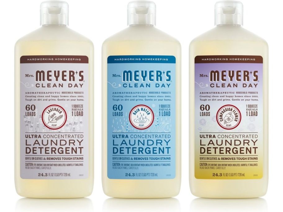 3 bottles of Mrs. Meyer's laundry detergent 