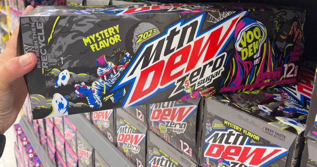 A hand holding a box of Mtn Dew Mystery Flavor Zero Sugar 2023