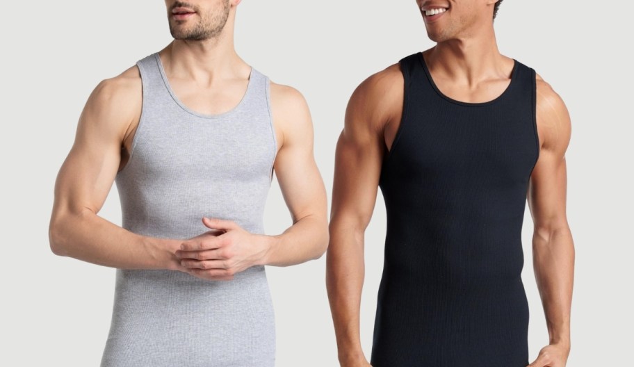 two men wearing tanks in black and gray