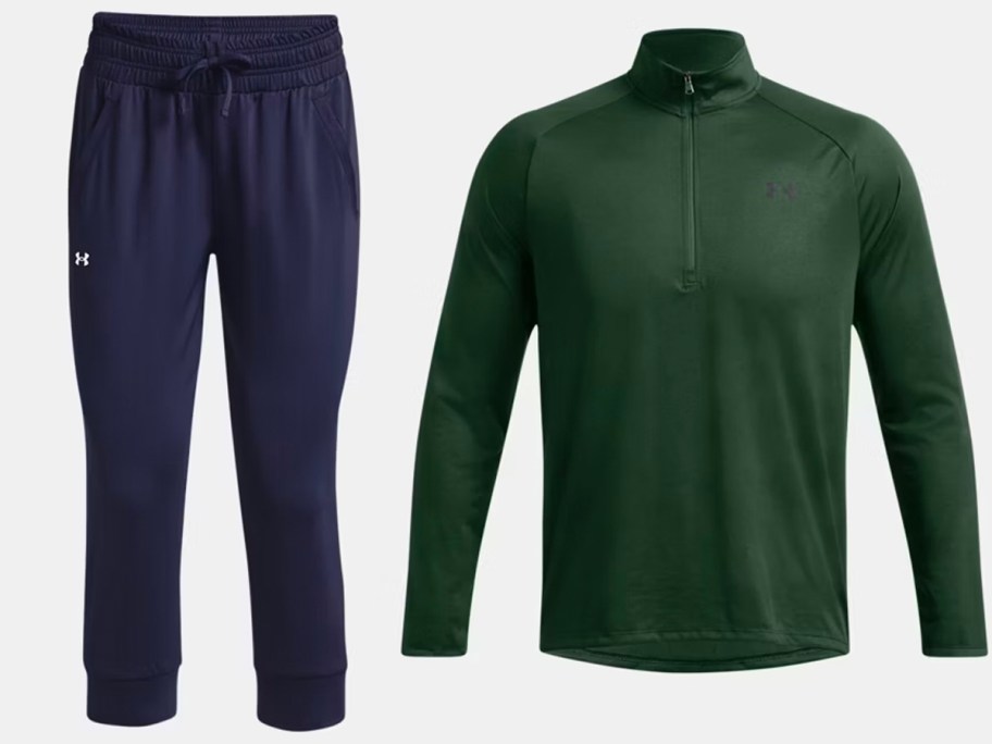 under armour blue pants and green jacket