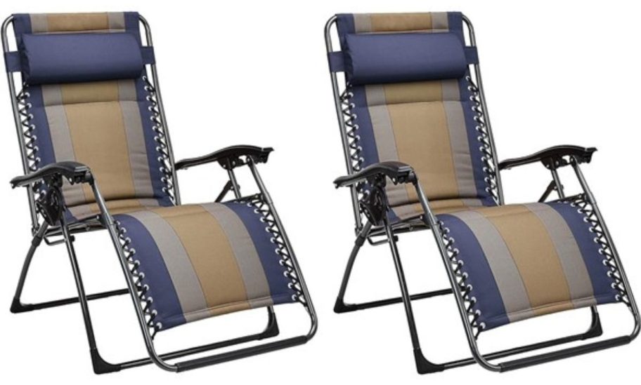 two blue and beige zero gravity chair stock images