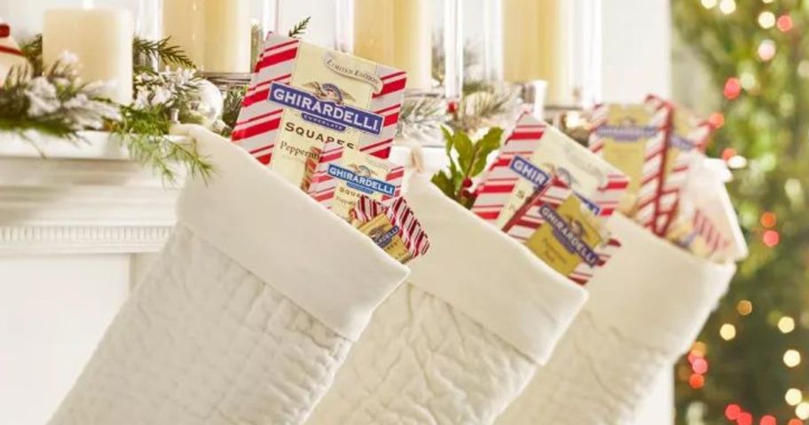 Ghirardelli Peppermint in christmas stockings