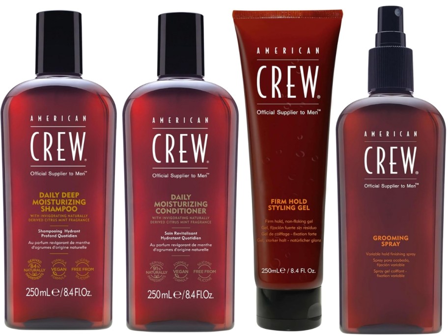 American Crew shampoo, conditioner, hair gel, and hair spray