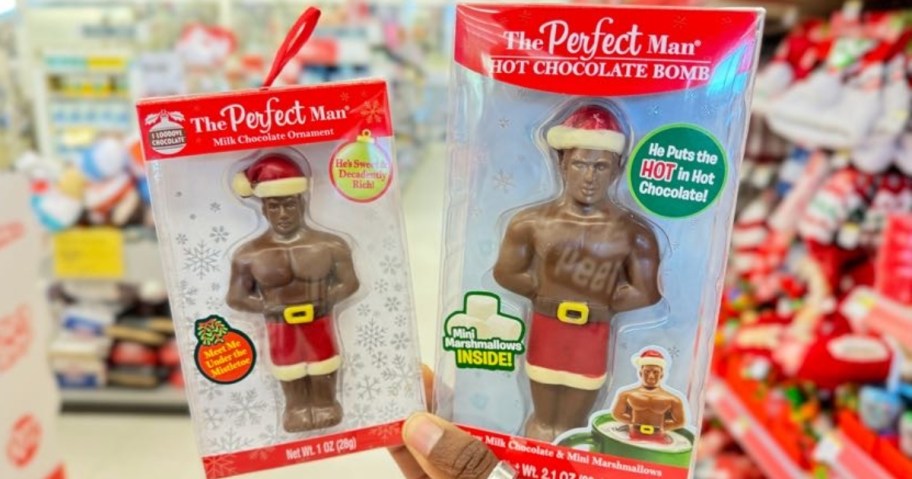 hand holding two the perfect man chocolate bars 