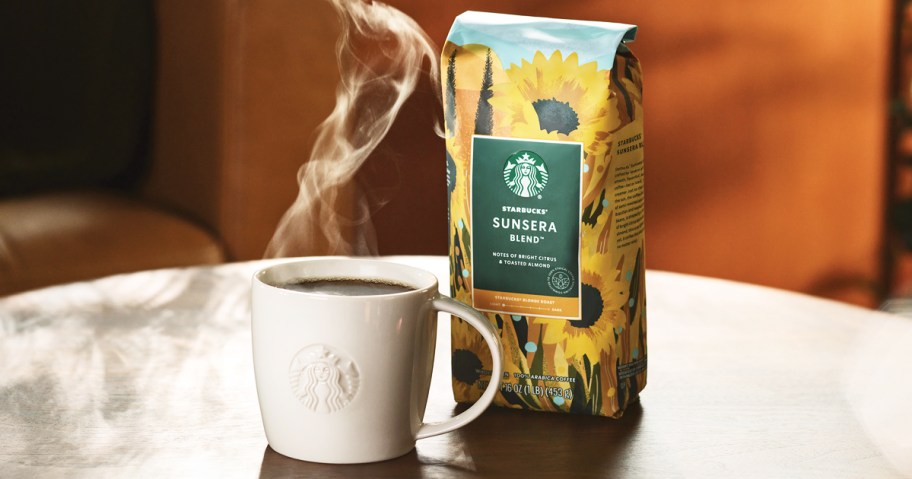 mug of coffee next to a bag of Starbucks Sunsera Blend Coffee