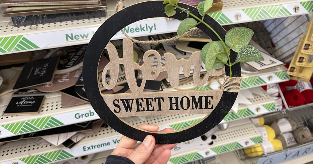 farmhouse decor in dollar tree in womans hand
