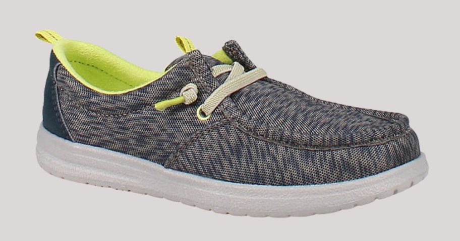 a kids grey and yellow slip on canvas shoe