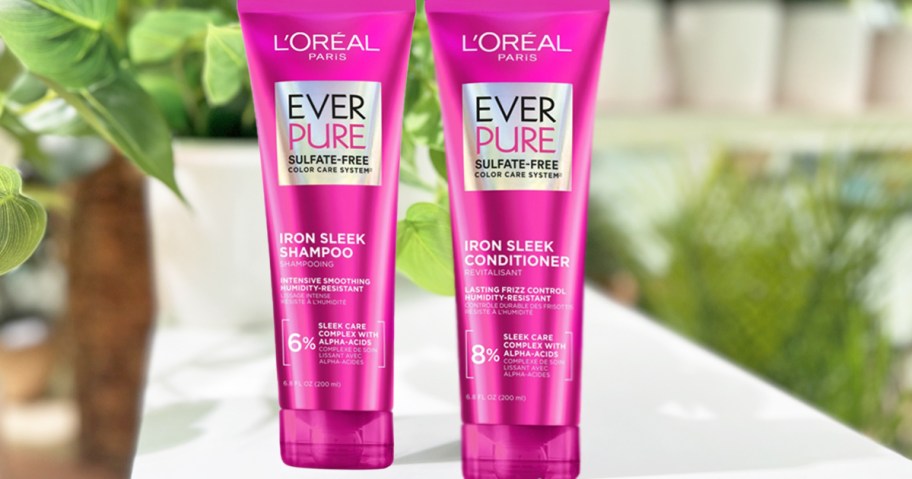 pink bottles of L'Oreal Paris EverPure Shampoo & Conditioner