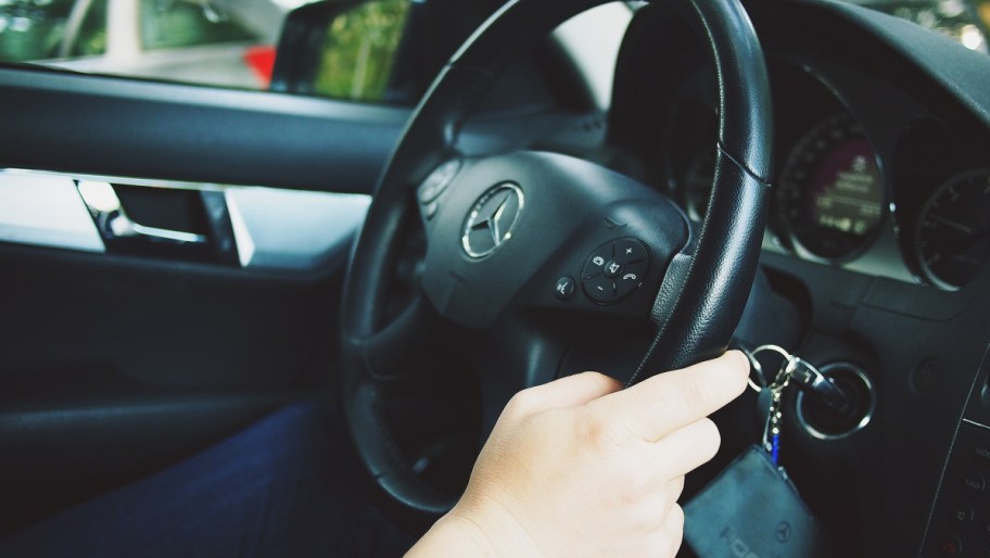 The steering wheel of a Mercedes Benz