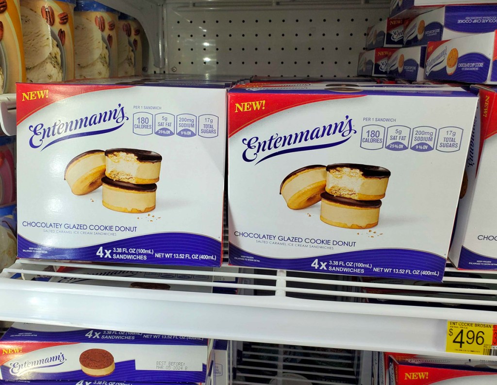 Entenmann&rsquo;s Ice Cream Sandwiches on Walmart Shelves in the frozen foods aisle.
