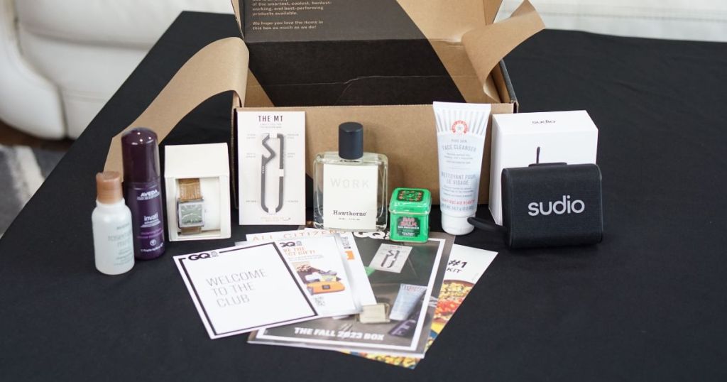 GQ Fall box with items displayed in front of box