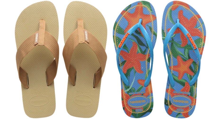 tan and blue/orange flip flops 