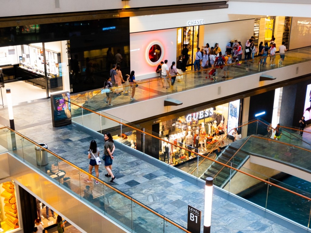 looking down at the interior of a shopping mall