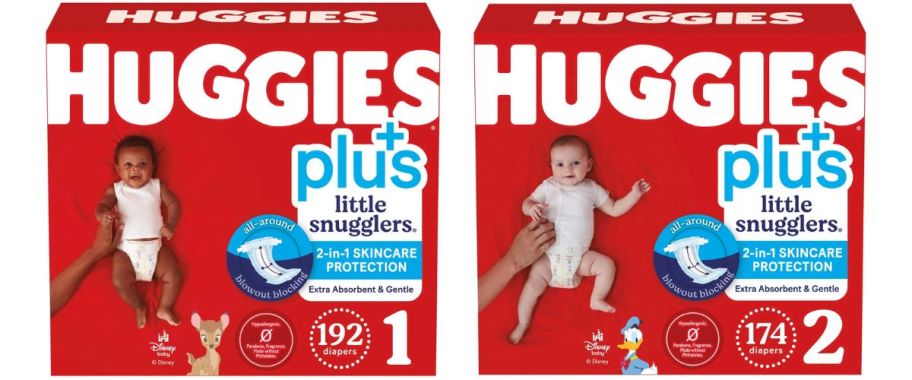 2 large red boxes of Huggies diapers 