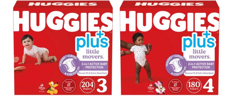 2 large red boxes of Huggies diapers 