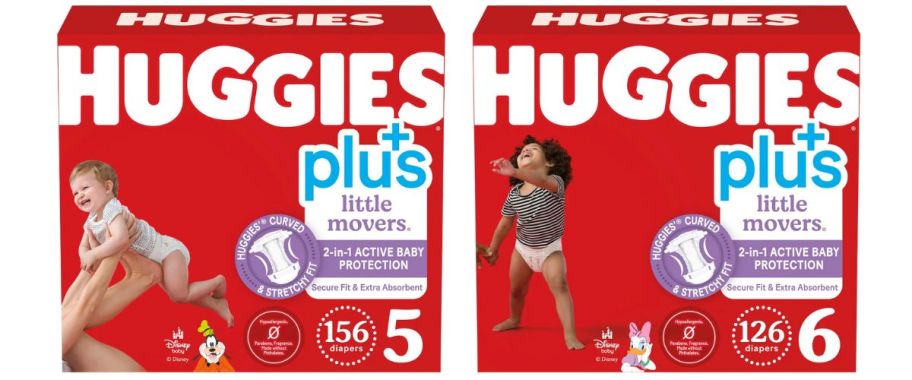 2 large red boxes of Huggies diapers 