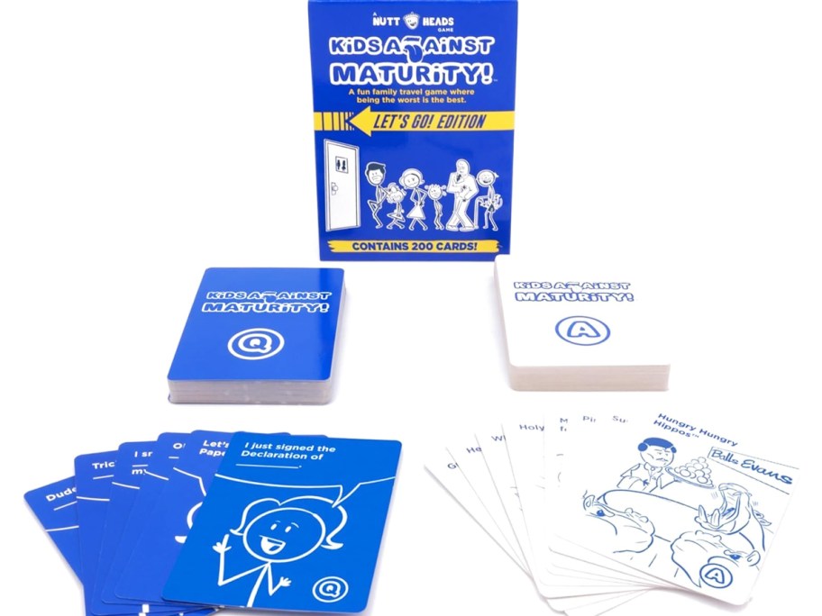 blue and white Kids Against Maturity cards and box