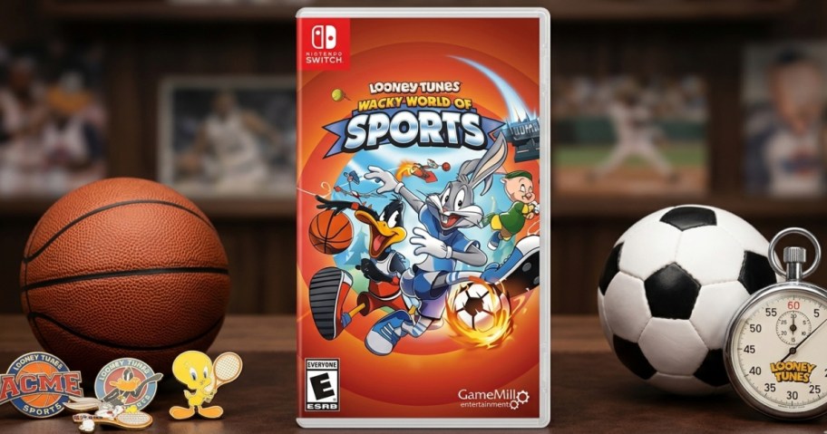 Cover of "Looney Tunes: Wacky World of Sports" Nintendo Switch game. Features Bugs Bunny, Daffy Duck with sports gear in action, surrounded by a basketball, soccer ball, and stopwatch.