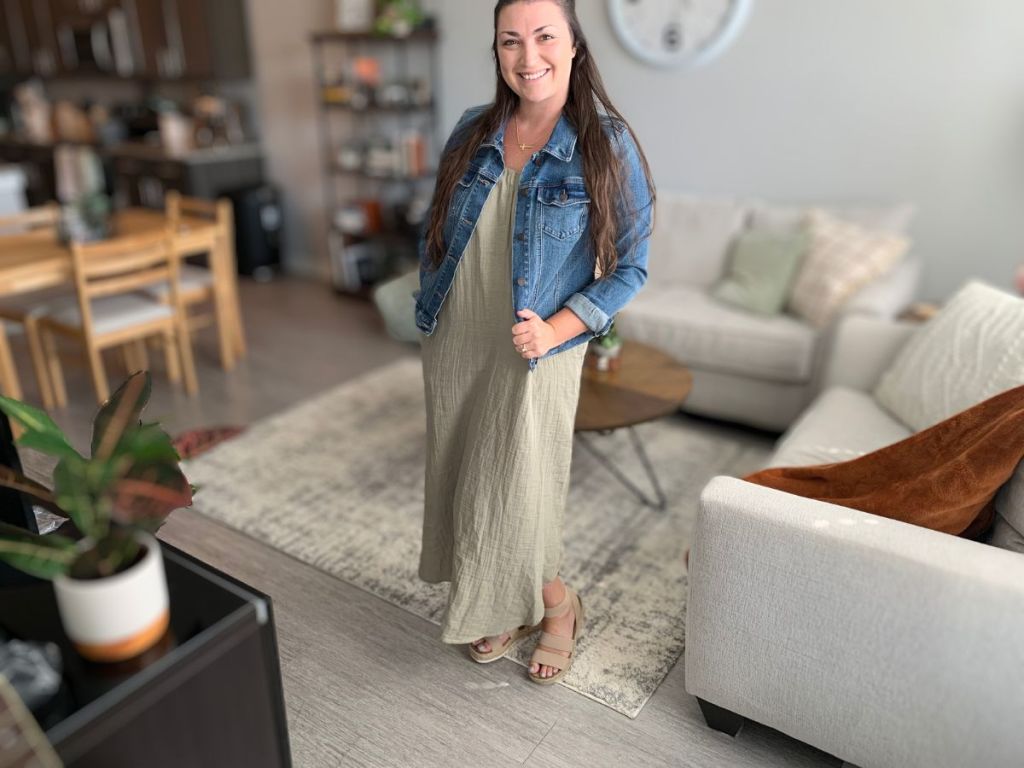 Woman wearing an Old Navy maxi dress