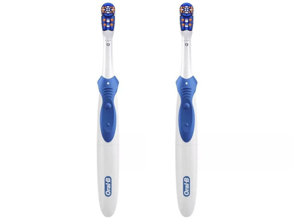 2 blue and white oral-b toothbrushes