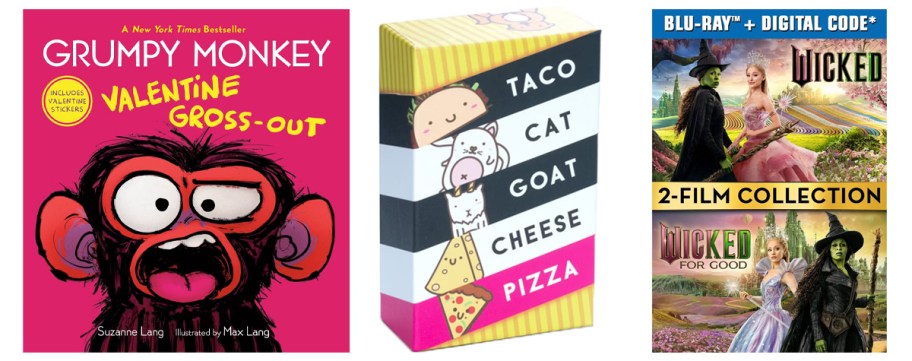 valentines book, taco cat game, and wicked movie
