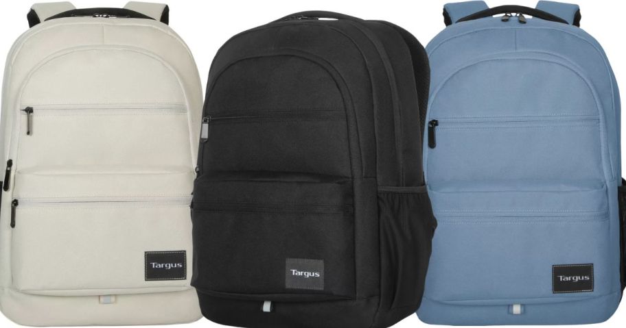 3 Targus brand backpacks in cream, black and light blue