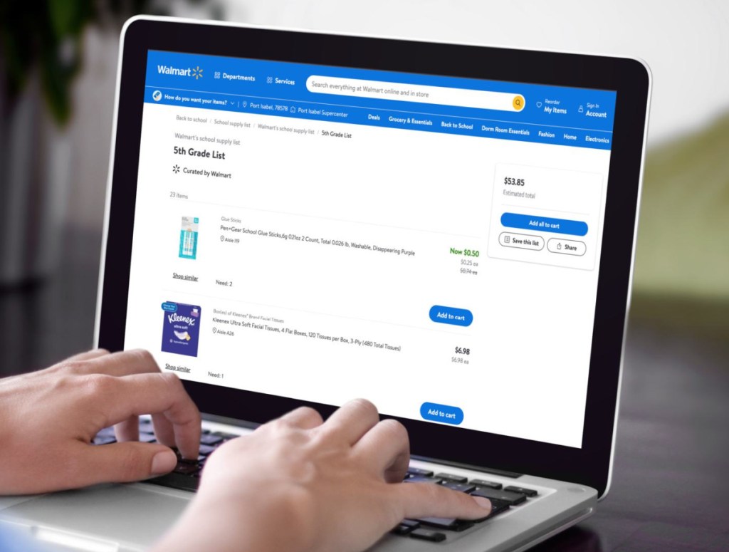 Walmart School Supply List shown on the computer