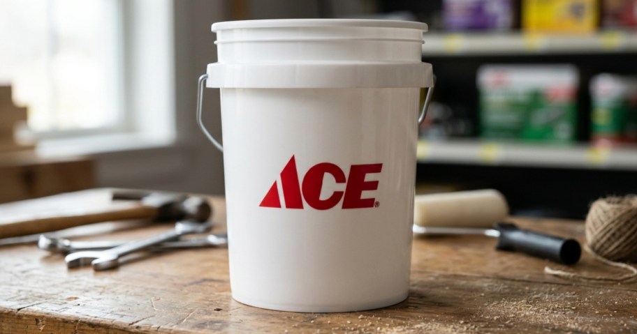 White bucket with red "ACE" logo on a wooden workbench, surrounded by tools and twine, in a sunlit workshop. Background shows shelving with supplies.
