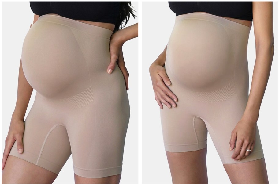 model wearing nude colored maternity shapewear