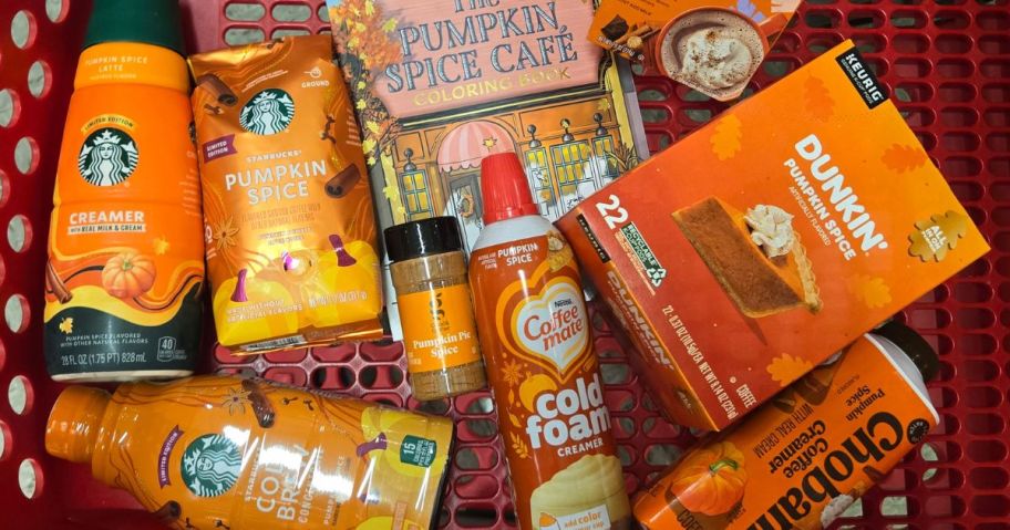 pumpkin spice grocery items in basket in store