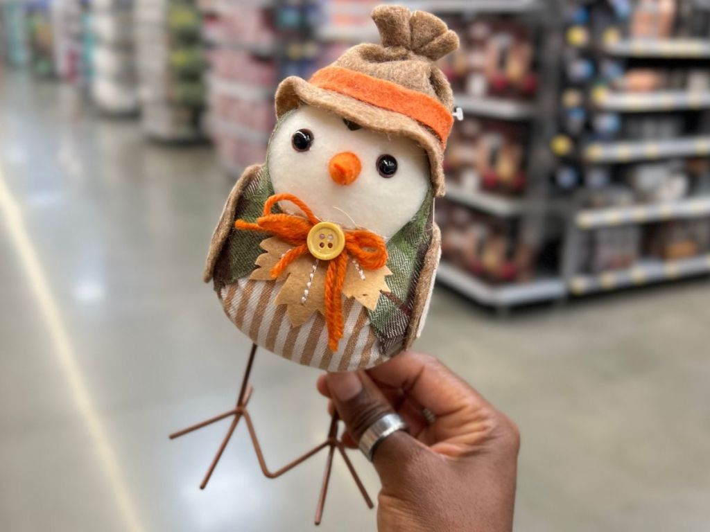 A 7" fabric bird dressed in Fall d&eacute;cor 