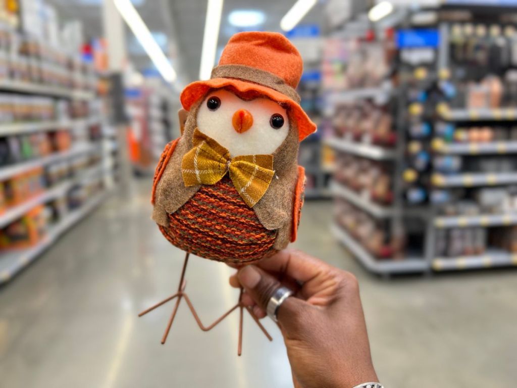 A 7" fabric bird dressed in Fall d&eacute;cor 