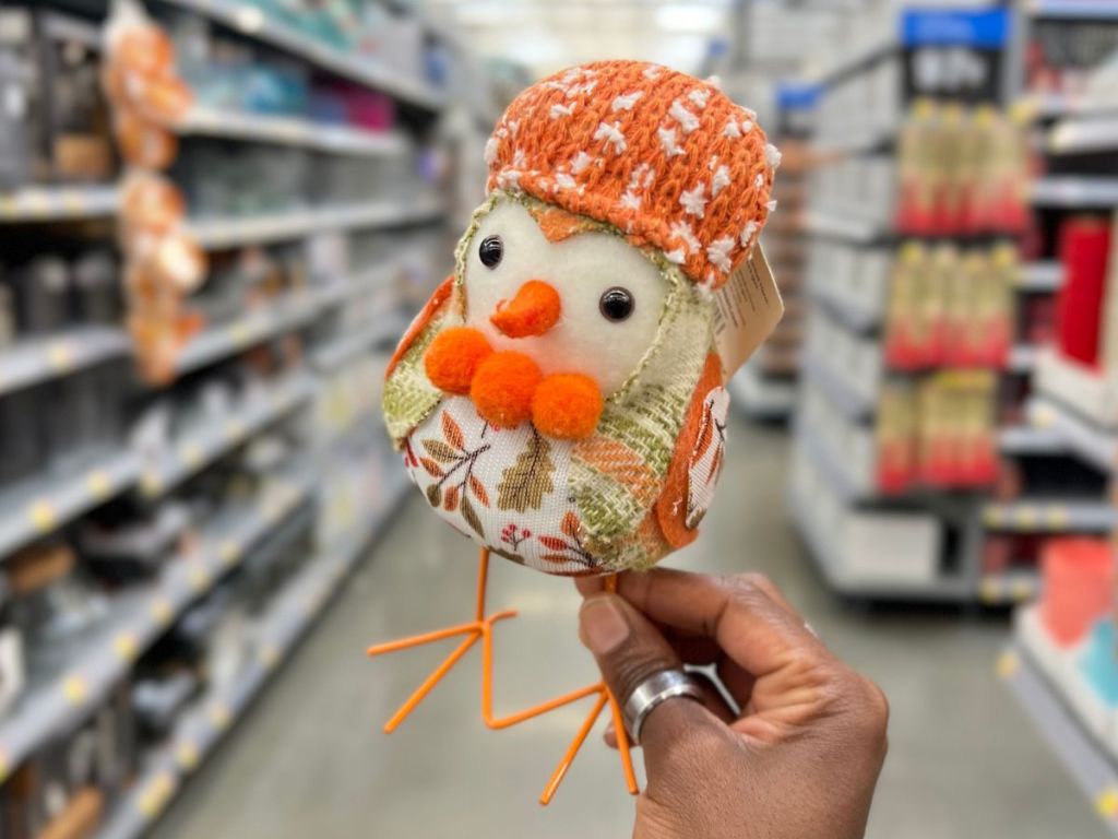 A 7" fabric bird dressed in Fall d&eacute;cor 
