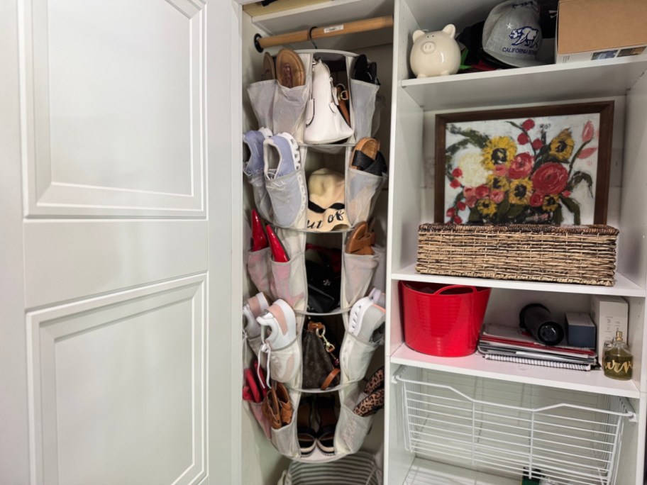 mainstays closet organizer full of shoes, bags and hats in a small closet