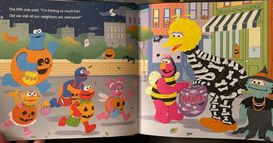 An open Five Little Pumpkins on Sesame Street Book