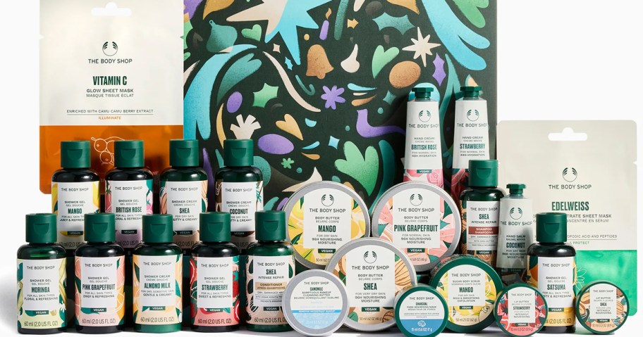 various body care items displayed in front of an advent calendar box