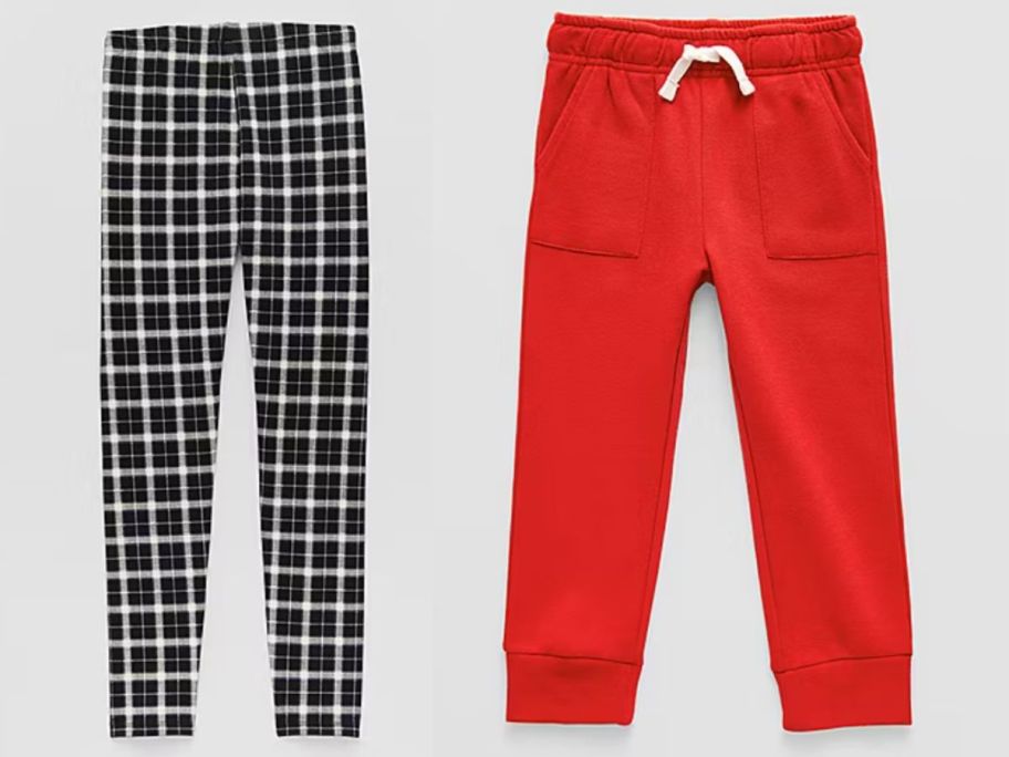 plaid girls leggings and red boys pants