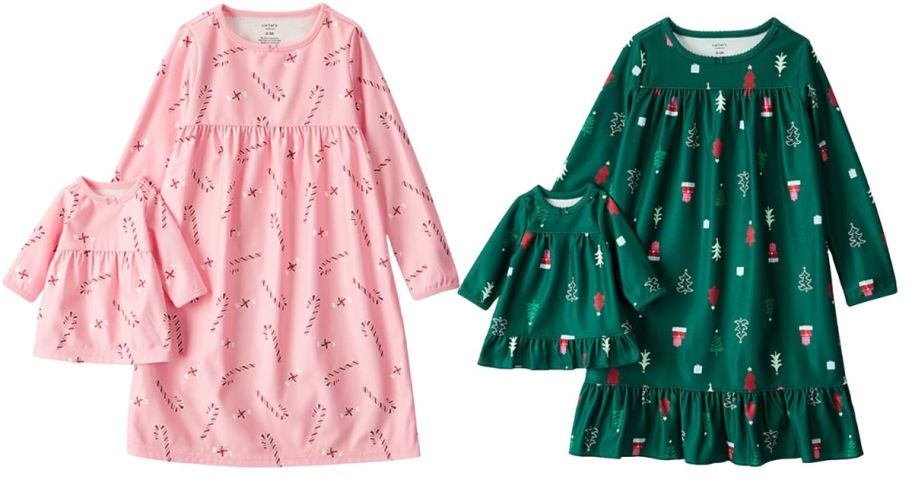 a candy cane and christmas tree decorated nightgown set