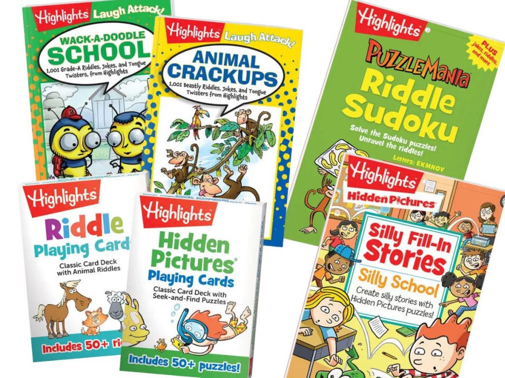 various Highlights kids books, puzzles and playing cards
