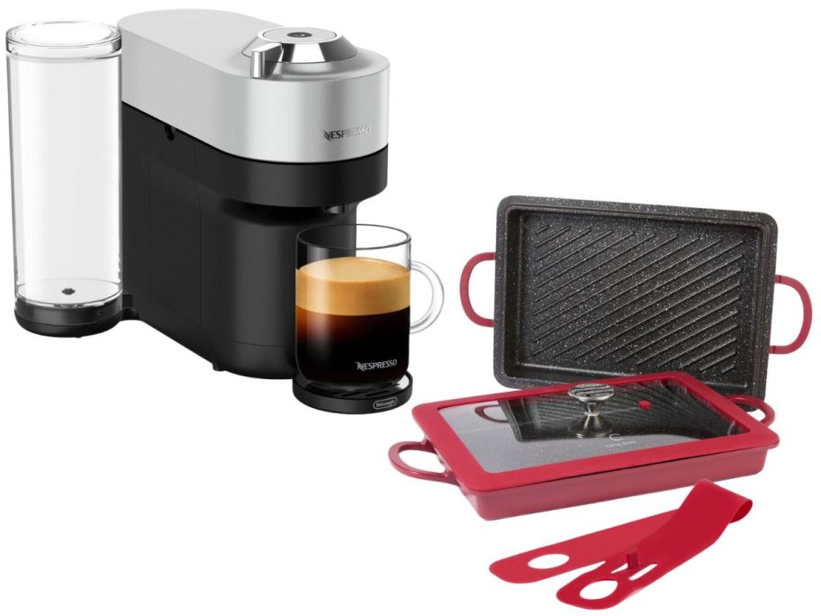A coffee maker and a red pan
