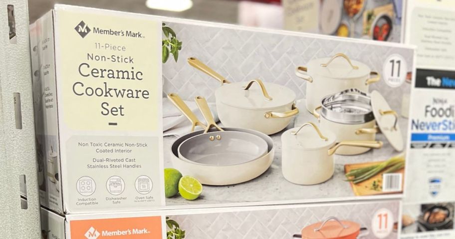 Member's Mark 11-Piece Ceramic Cookware Set box in store