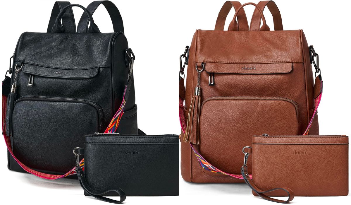 Shrrie Women&rsquo;s Anti-Theft Travel Backpacks in black and tan stock images