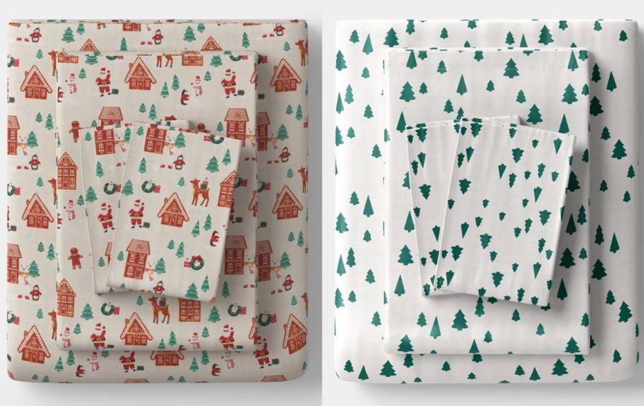 Stock images of two sets of wondershop christmas sheet sets from Target