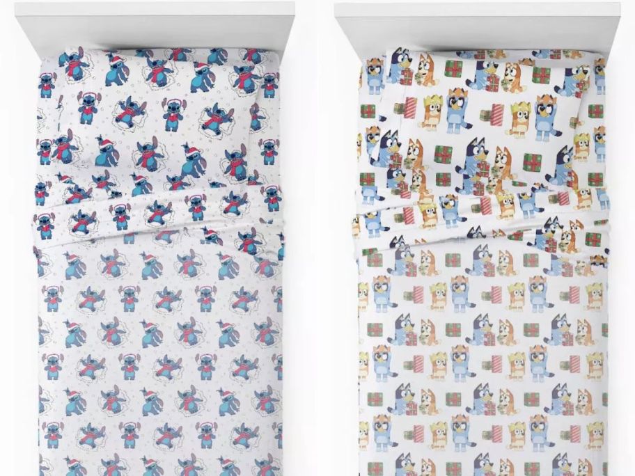 Stock images of two beds with kids holiday themed character sheets featuring Stitch and Bluey