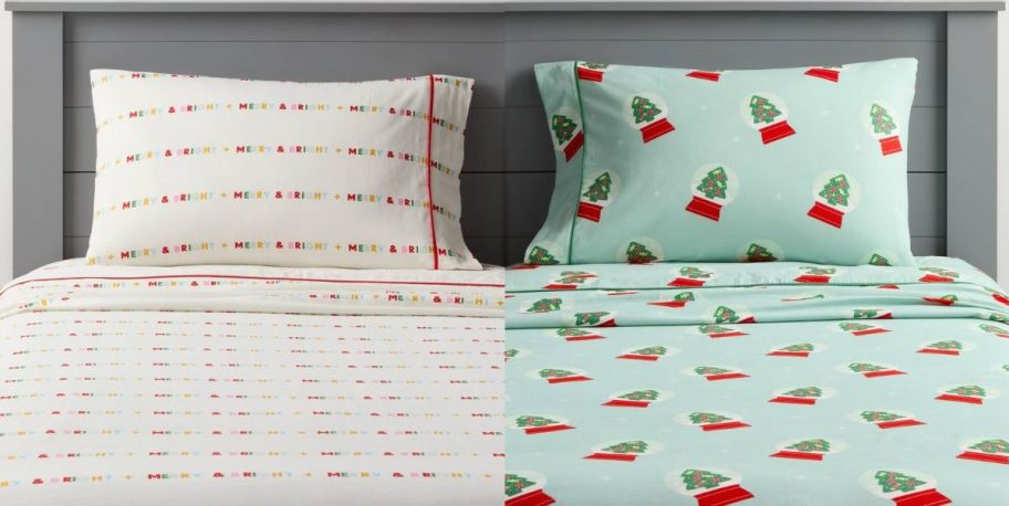 Stock images of two Pillowfort Christmas Sheet Sets on twin beds