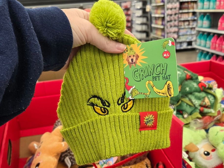 hand holding grinch hat 