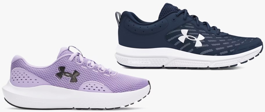 purple and navy blue running shoes