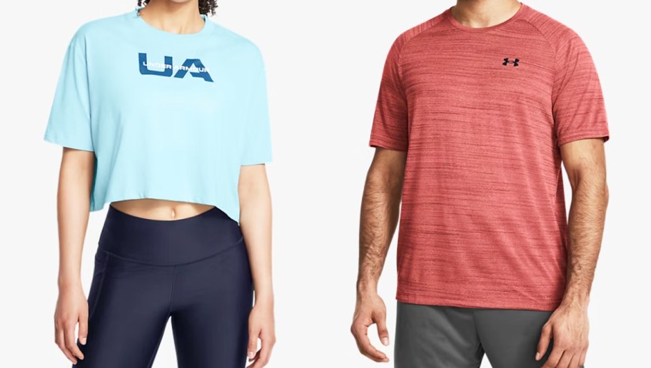 woman in blue top and man in red top