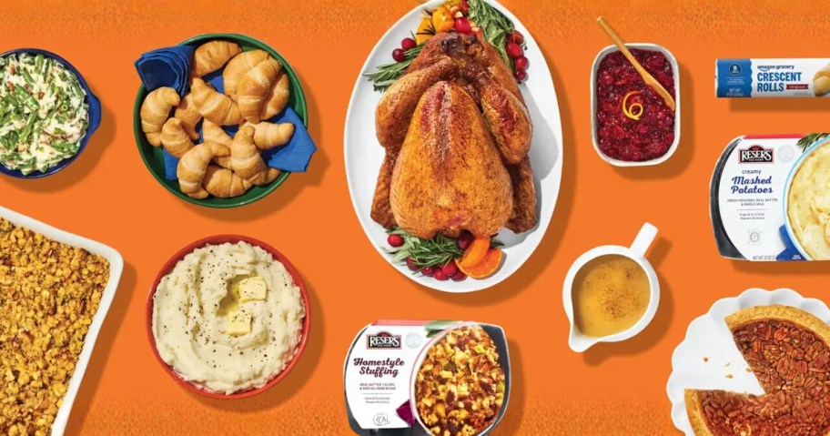 thanksgiving dishes and turkey on orange background